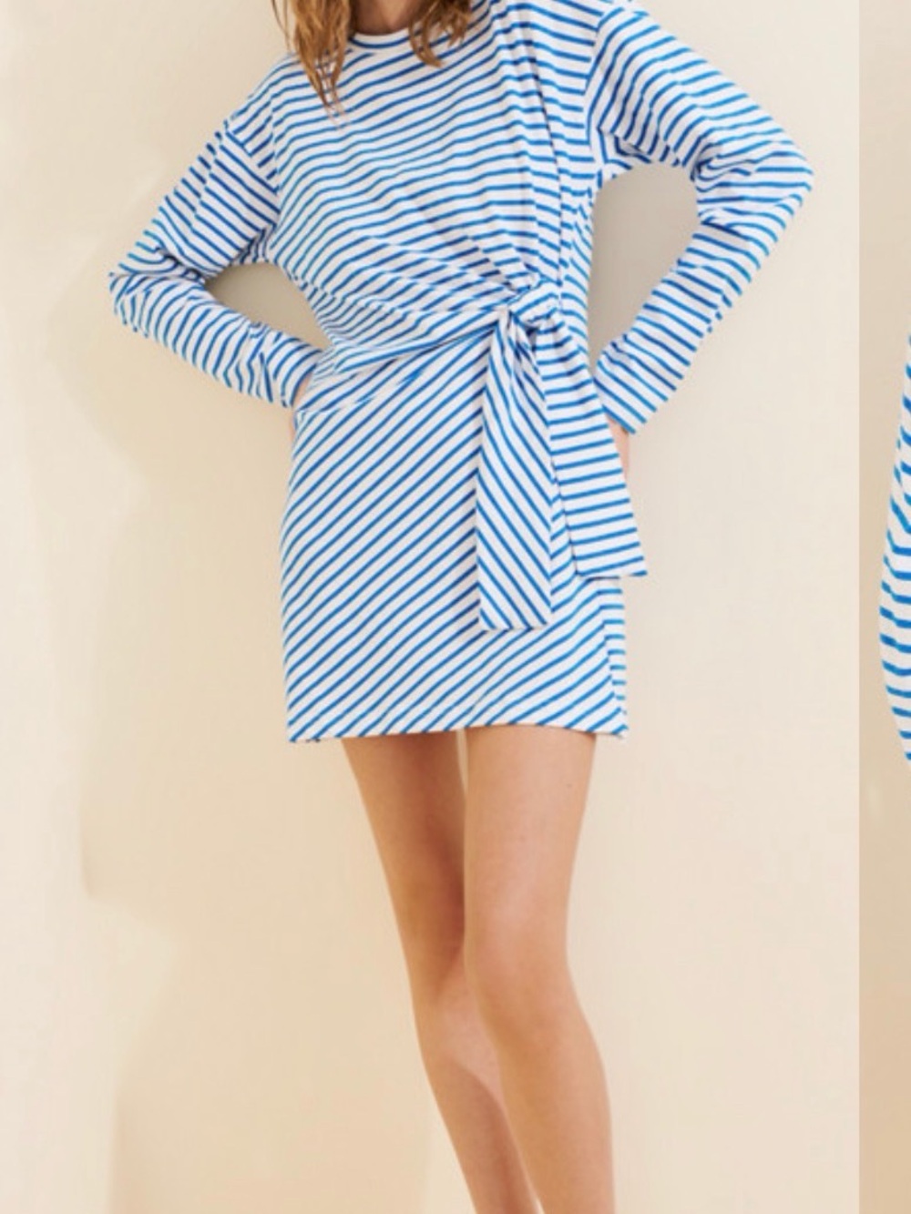 Anthropologie Blue and White Striped Tie-Waist Mini Dress